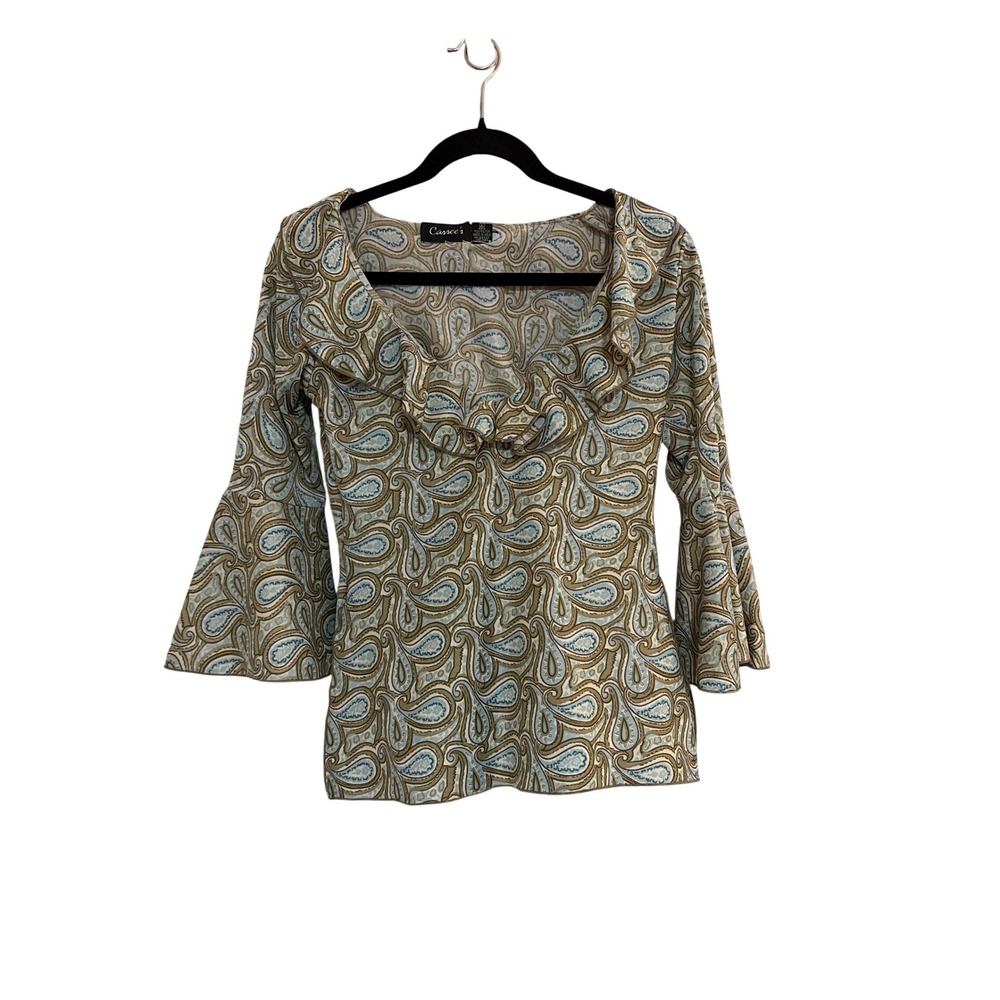 Cassee's Paisley Bell Sleeve Ruffle V-Neck Blouse Blue Olive Y2K Boho Top S